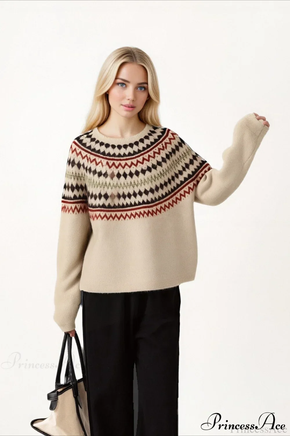 Fair Isle Loose Crewneck Plus Size Knit Sweater - Image 3