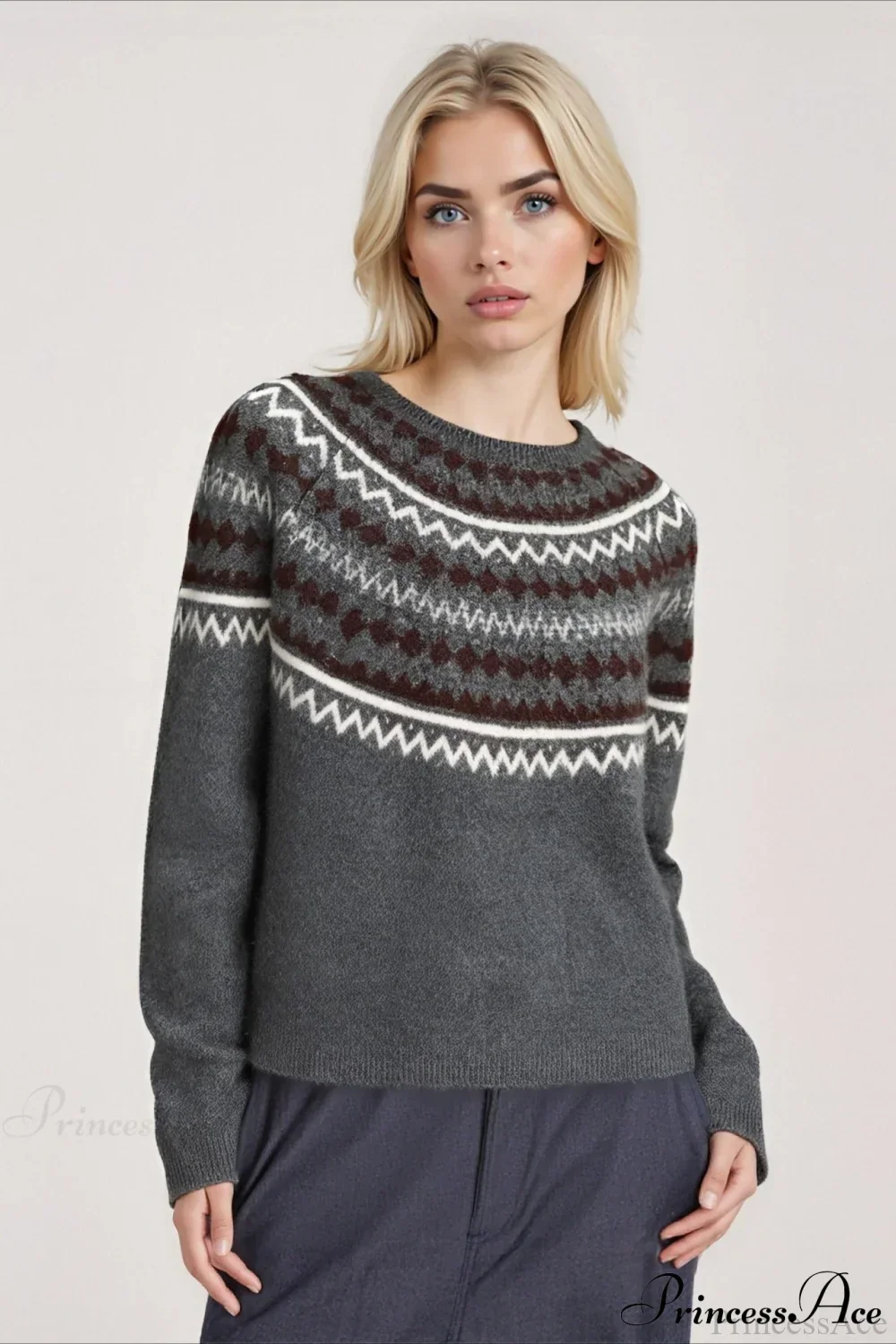 Fair Isle Loose Crewneck Plus Size Knit Sweater - Image 6