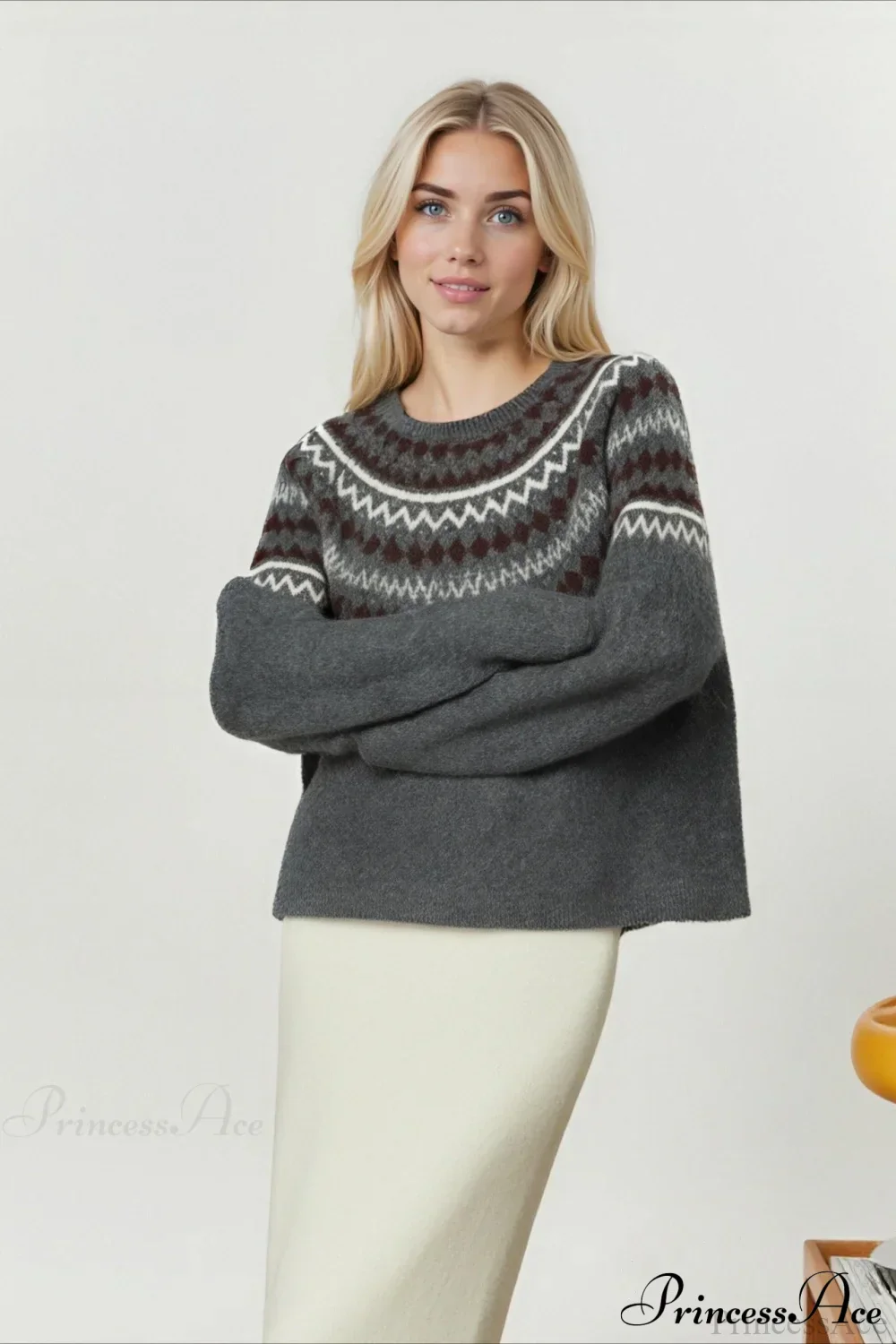 Fair Isle Loose Crewneck Plus Size Knit Sweater - Image 7