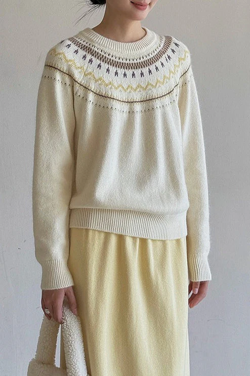 Fair Isle Pattern Loose Crew Neck Color Block Minimalist Sweater - Image 6