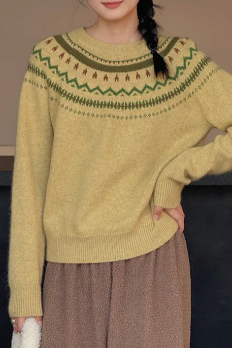 Fair Isle Pattern Loose Crew Neck Color Block Minimalist Sweater - Image 7