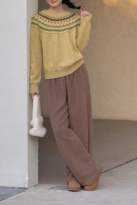 Fair Isle Pattern Loose Crew Neck Color Block Minimalist Sweater - Image 9