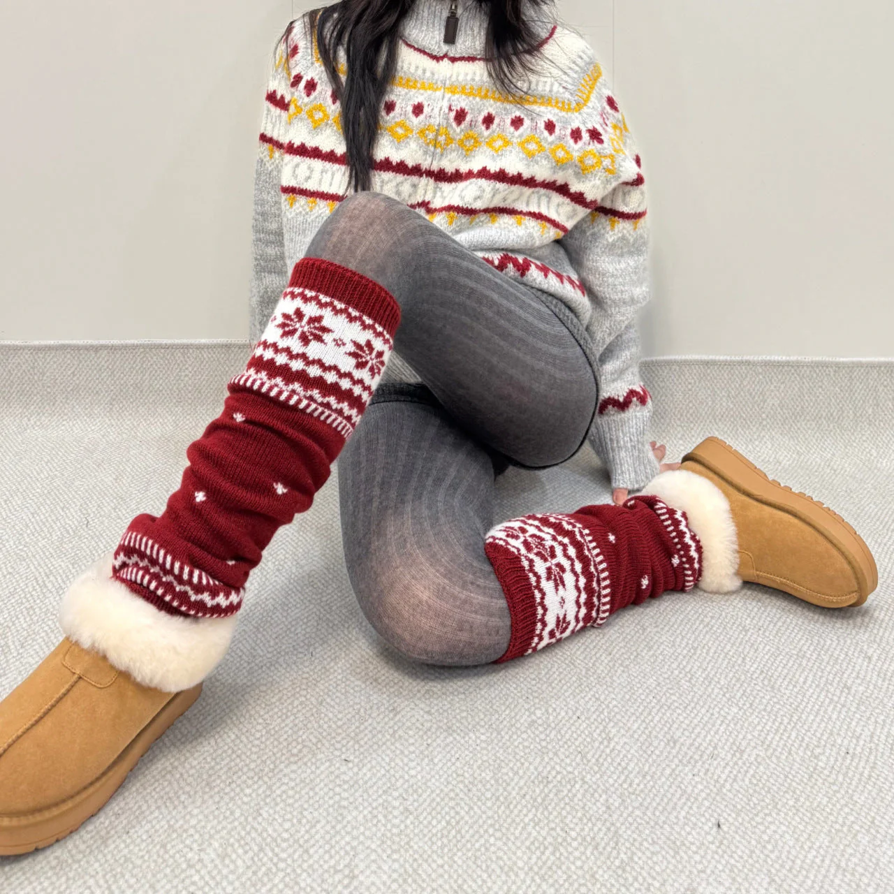 Snowflake Red Knit Warm Slouchy Leg Warmers - Image 10
