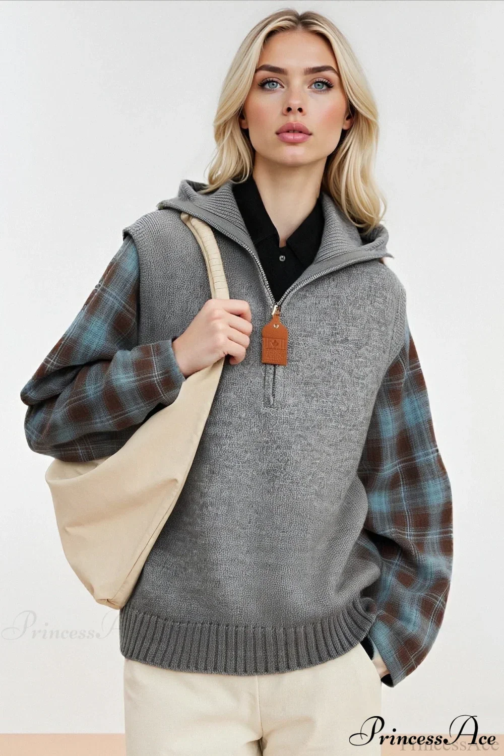 Fake Two Piece Plaid Contrast Half Zip Collared Sweater - Image 2