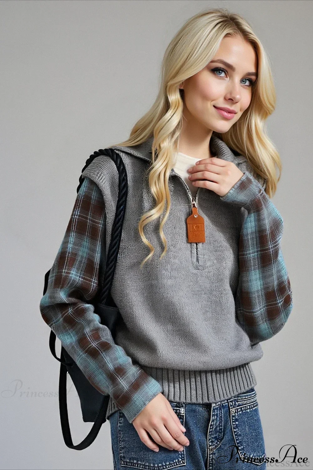 Fake Two Piece Plaid Contrast Half Zip Collared Sweater - Image 3