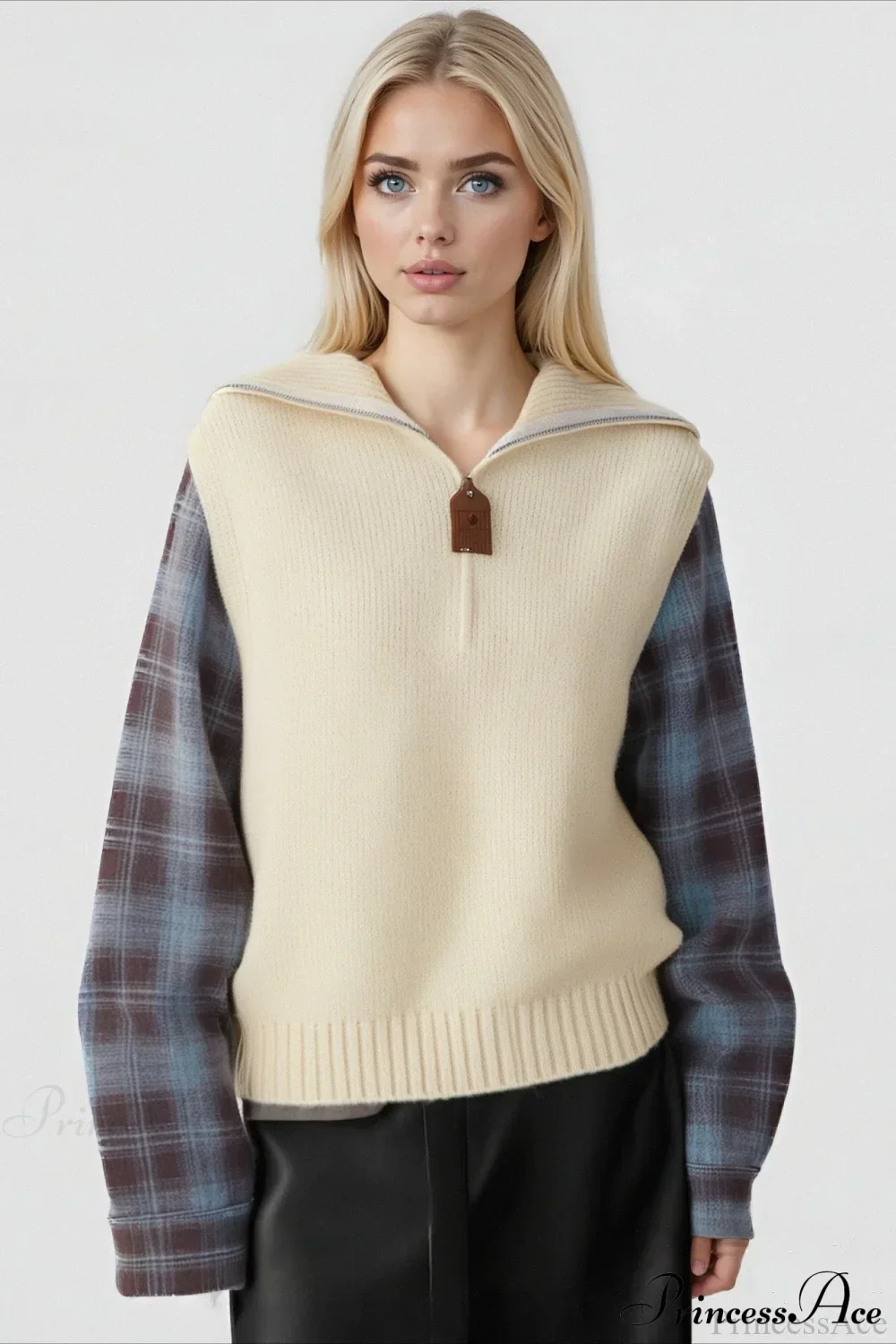 Fake Two Piece Plaid Contrast Half Zip Collared Sweater - Image 4