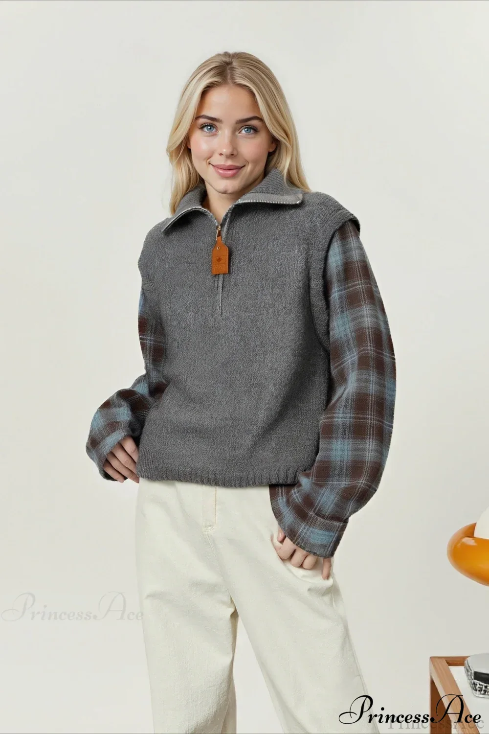 Fake Two Piece Plaid Contrast Half Zip Collared Sweater - Image 5