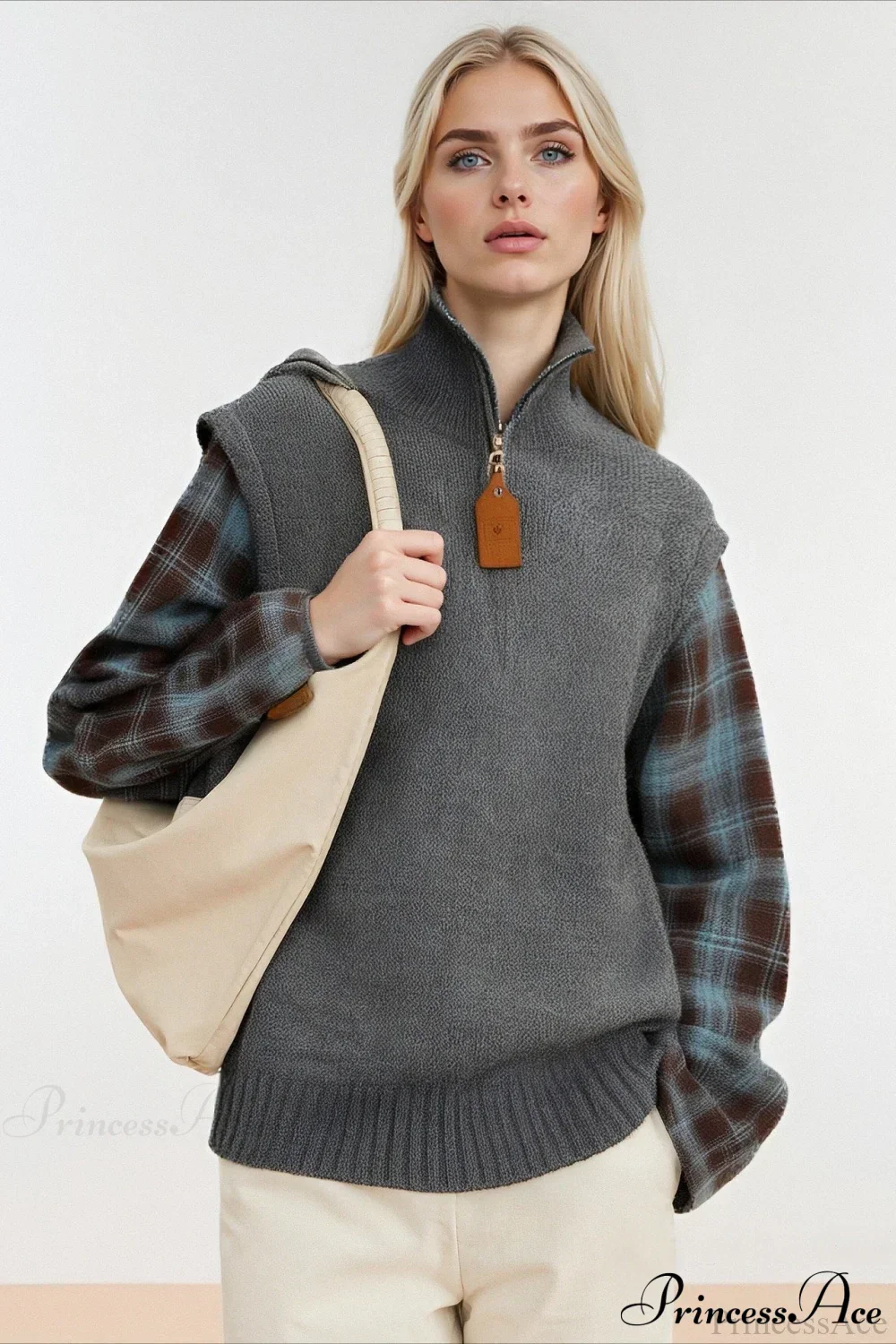 Fake Two Piece Plaid Contrast Half Zip Collared Sweater - Image 6