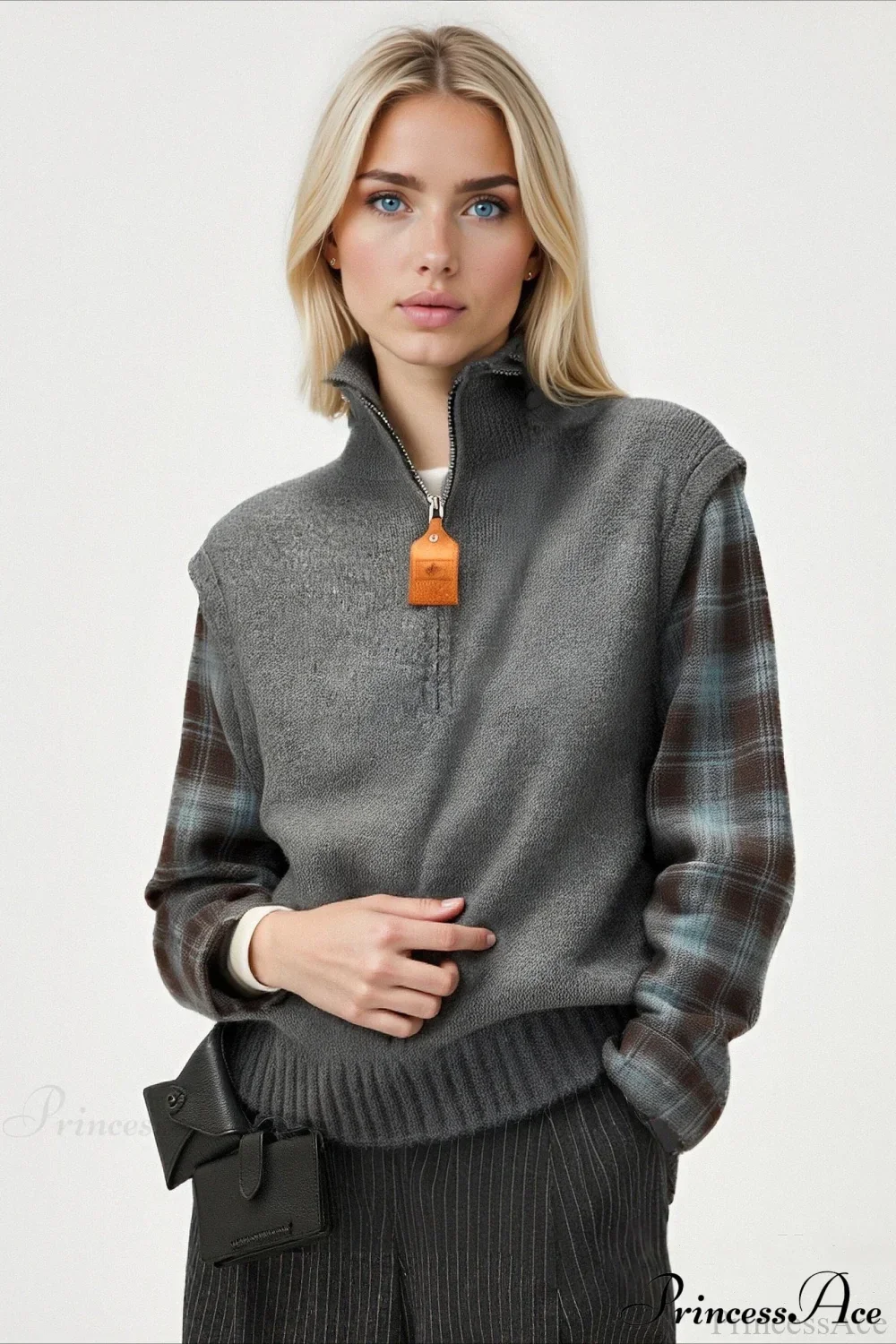 Fake Two Piece Plaid Contrast Half Zip Collared Sweater - Image 7