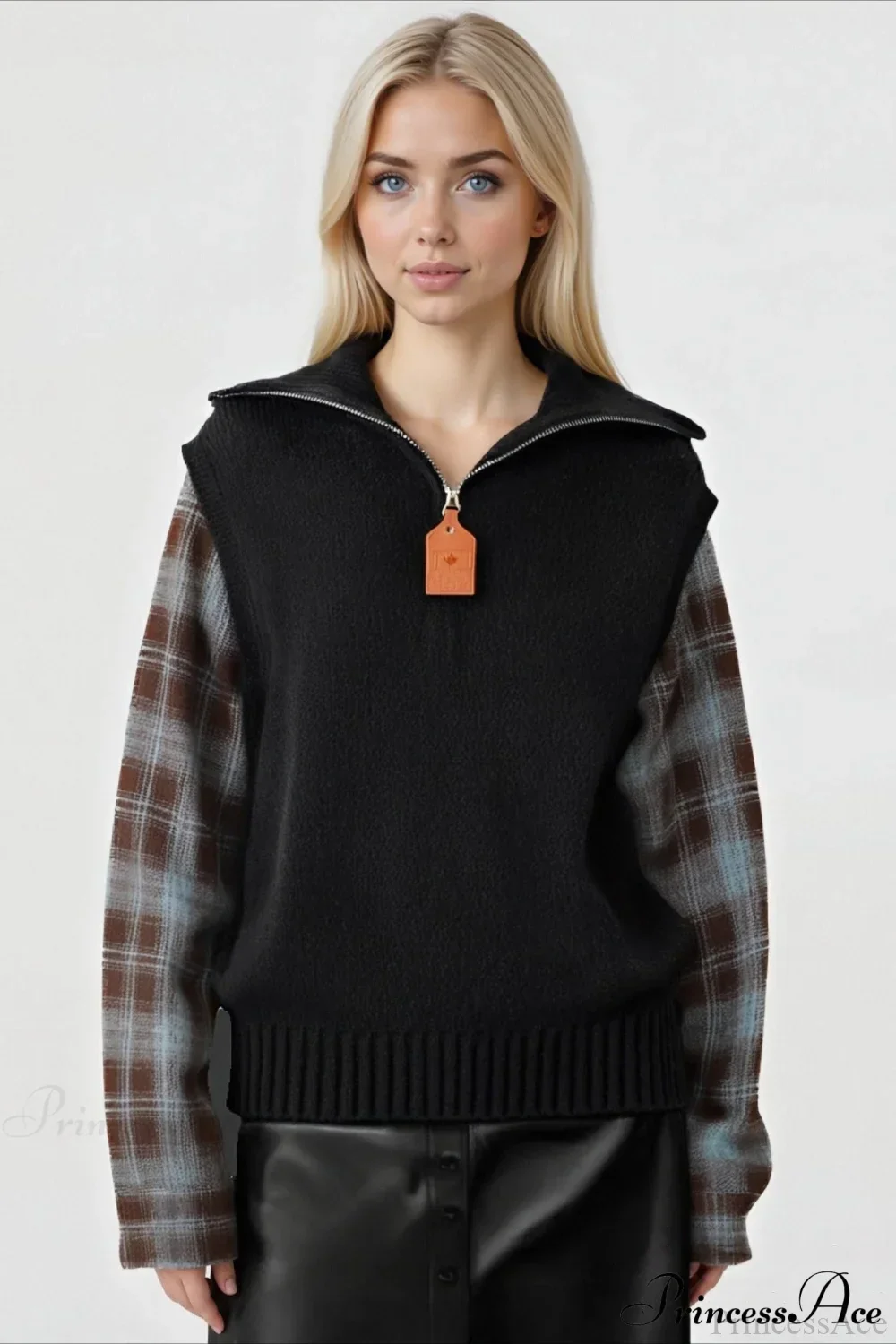 Fake Two Piece Plaid Contrast Half Zip Collared Sweater - Image 8