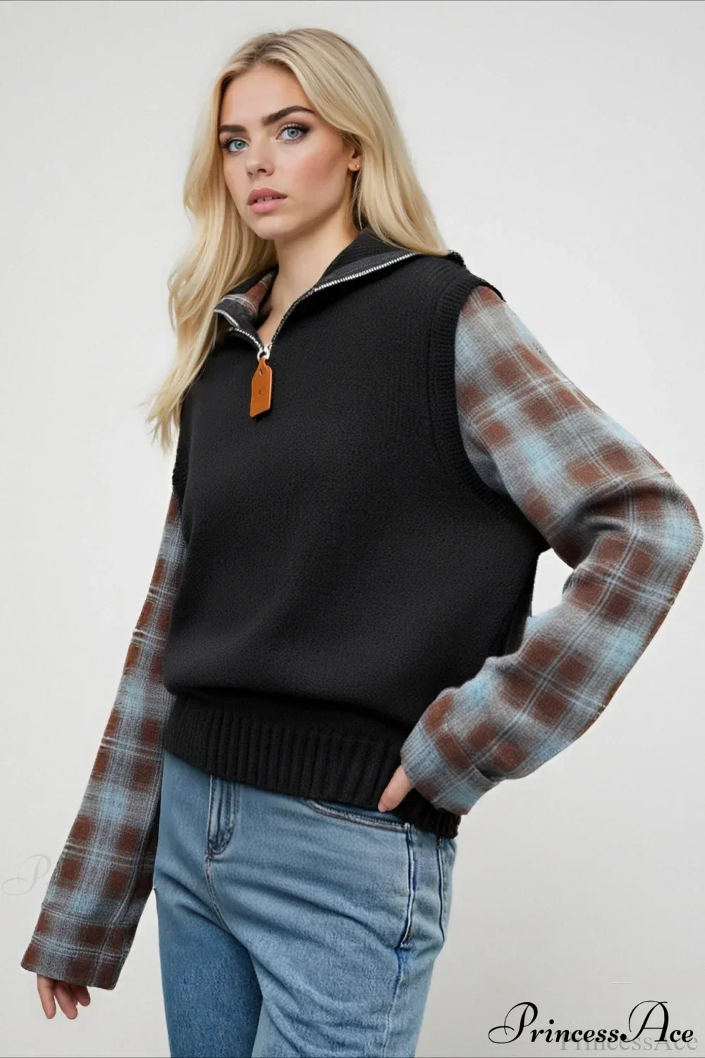 Fake Two Piece Plaid Contrast Half Zip Collared Sweater - Image 9