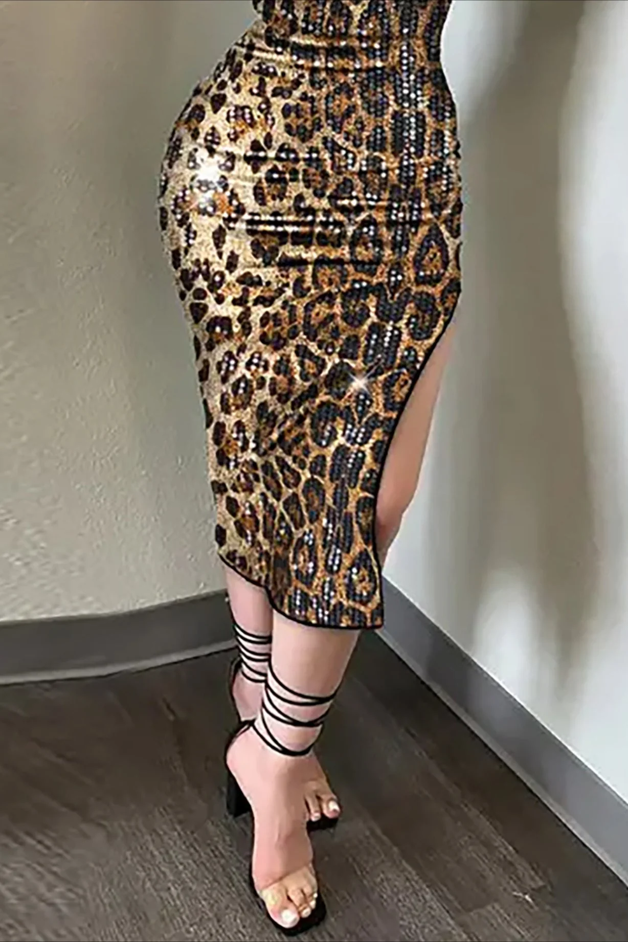 Fashion Sexy Leopard Print Bodycon Backless Spaghetti Strap Midi Dress - Image 4