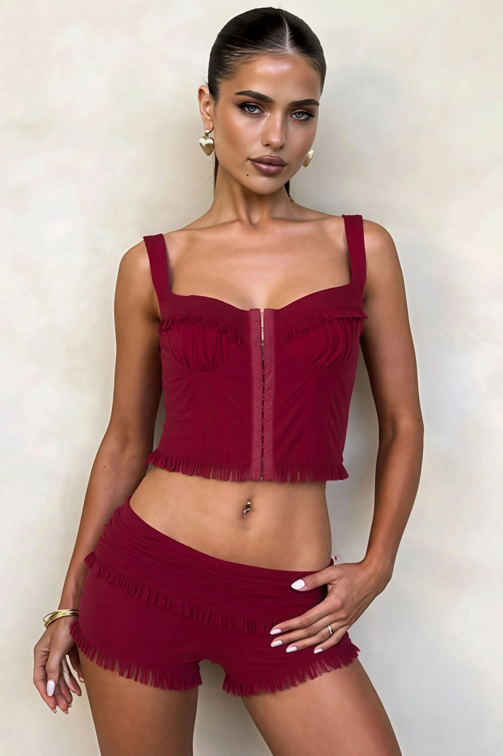 Fashion Snap Button Cami Top Slim Ruffle Shorts Skirt Set - Image 3