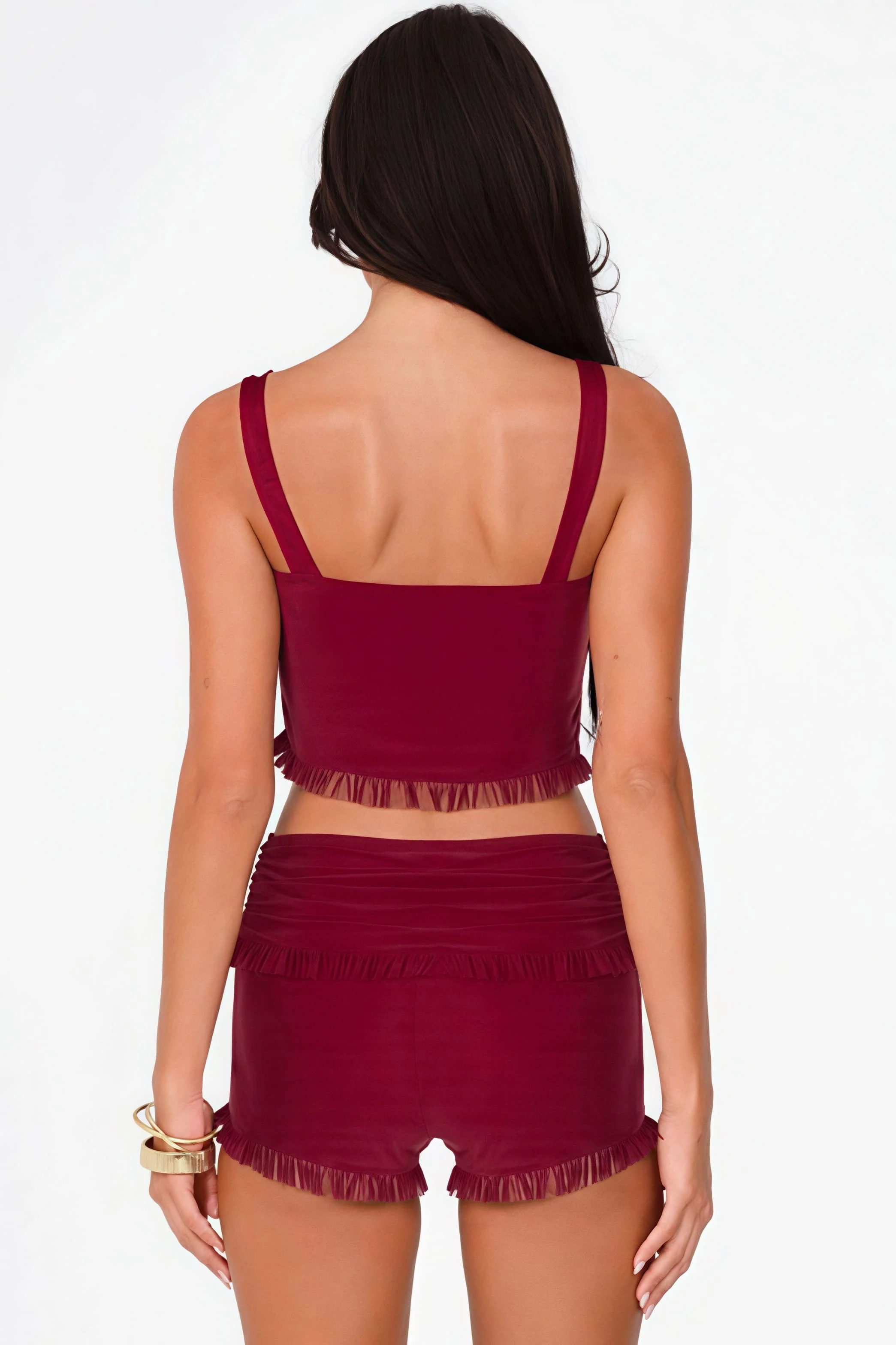 Fashion Snap Button Cami Top Slim Ruffle Shorts Skirt Set - Image 4