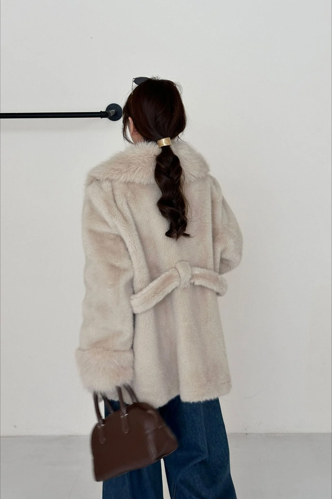 Faux Animal Fur Suede Mid-Length Notch Collar Tie Waist Coat - Image 10