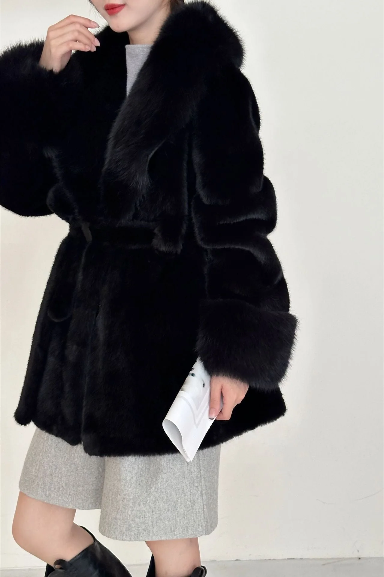 Faux Animal Fur Suede Mid-Length Notch Collar Tie Waist Coat - Image 11