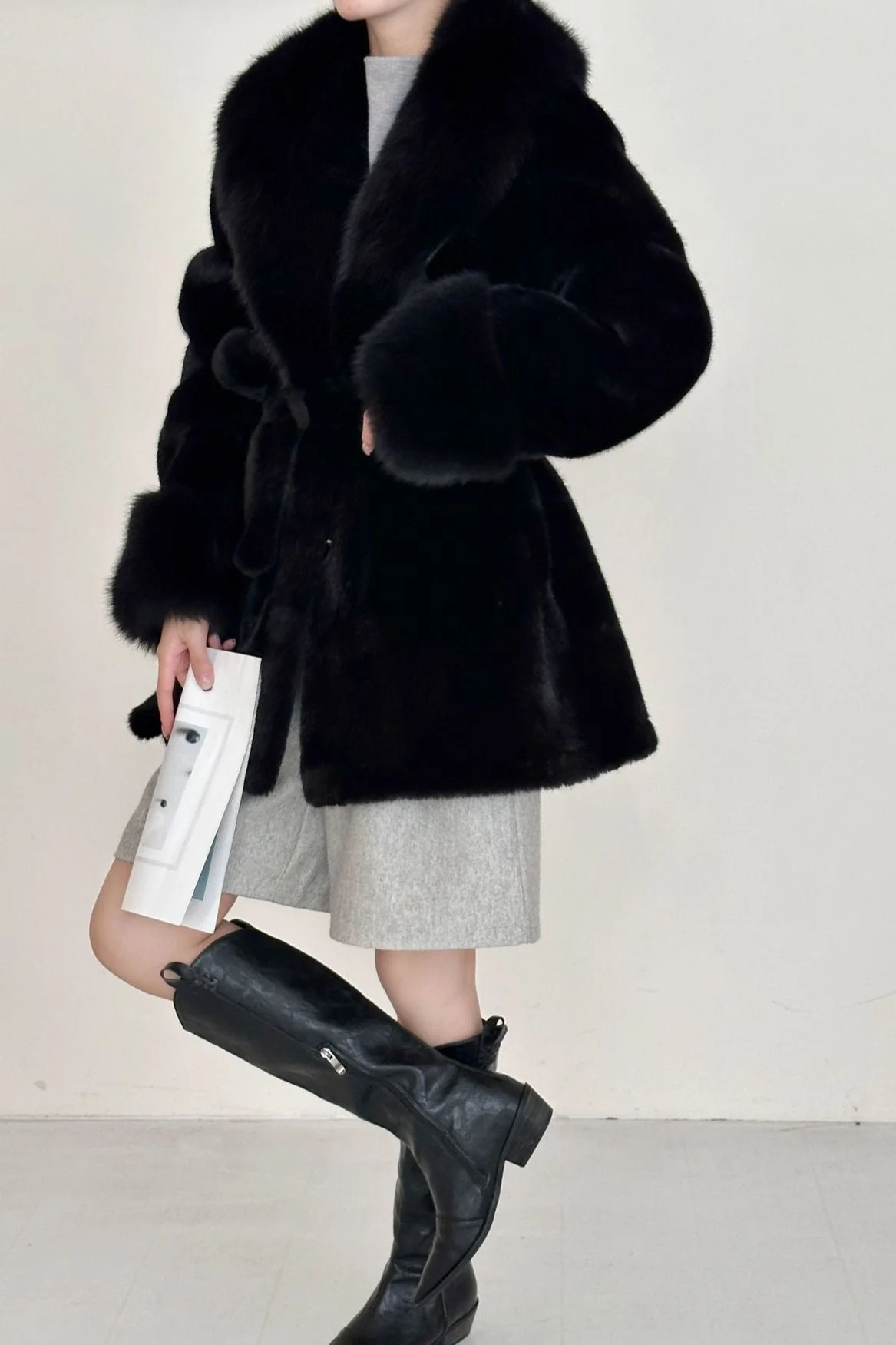 Faux Animal Fur Suede Mid-Length Notch Collar Tie Waist Coat - Image 12