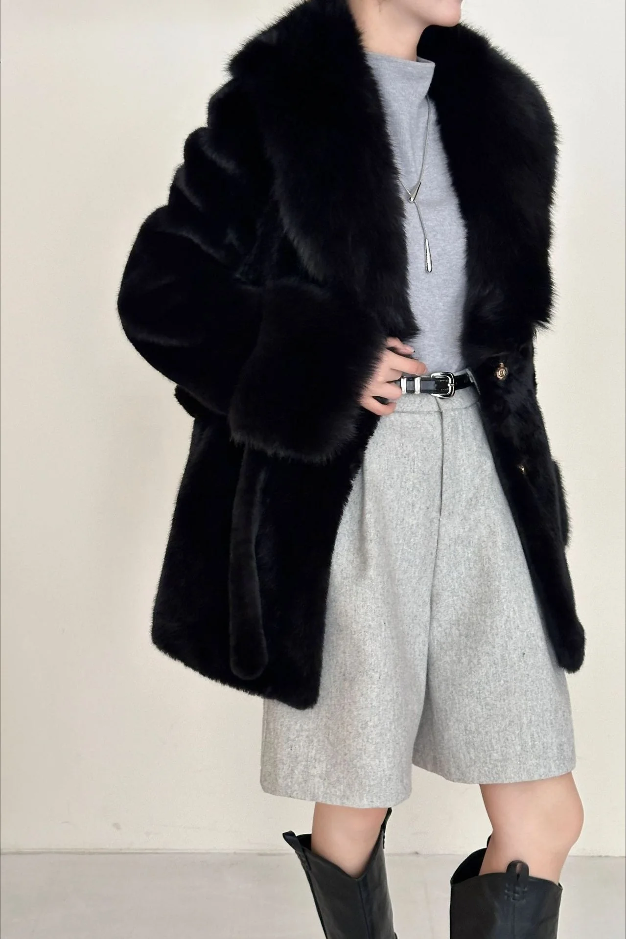 Faux Animal Fur Suede Mid-Length Notch Collar Tie Waist Coat - Image 13
