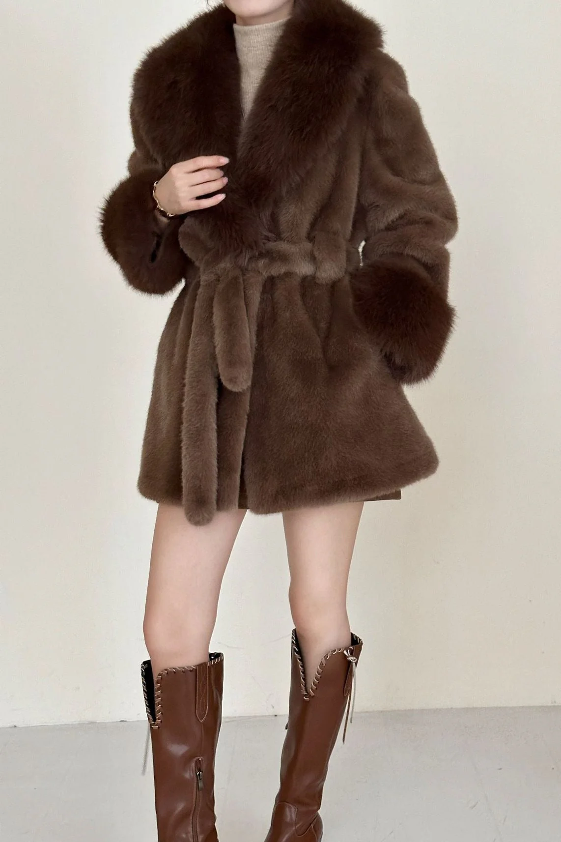 Faux Animal Fur Suede Mid-Length Notch Collar Tie Waist Coat - Image 2