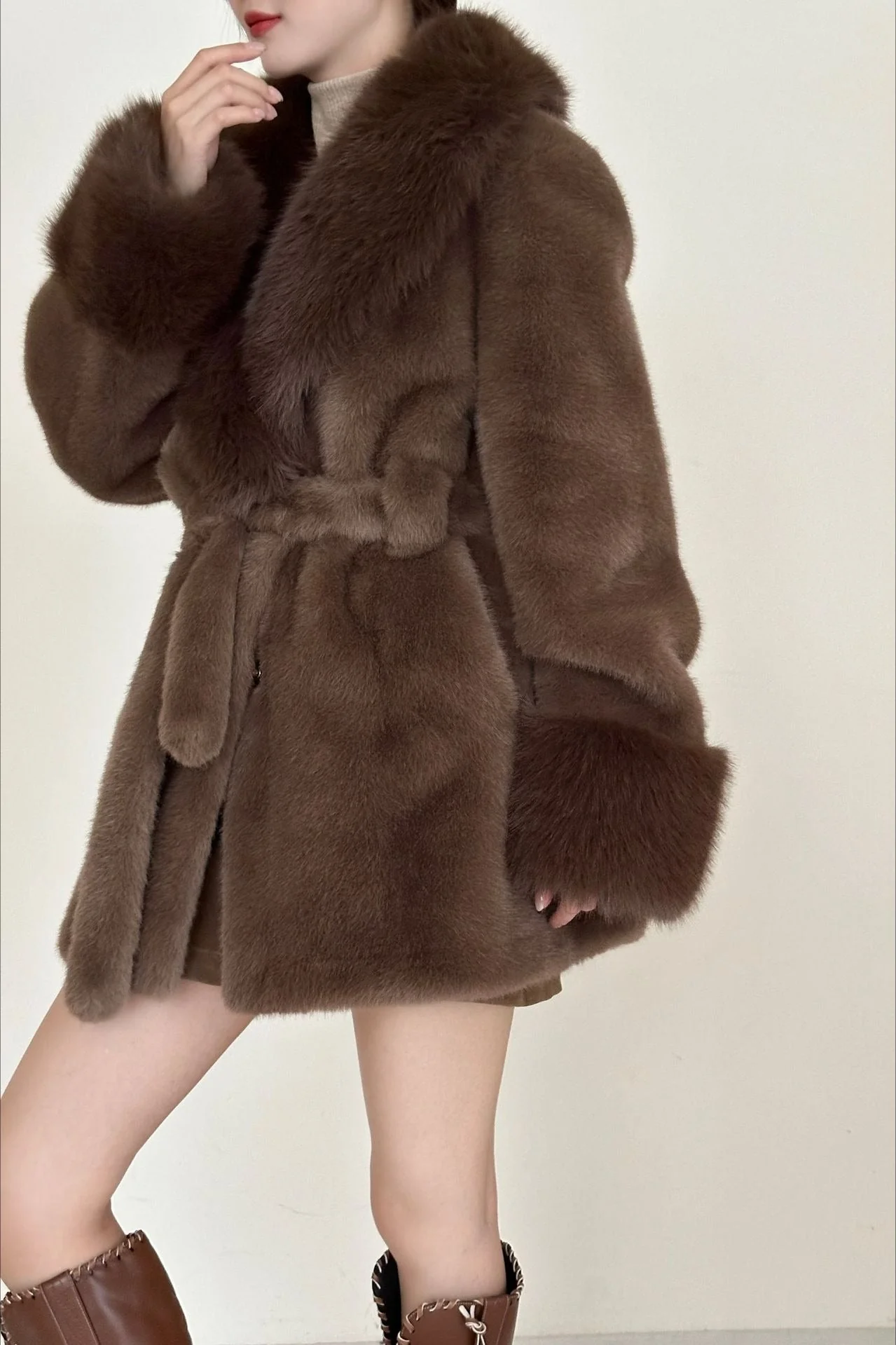 Faux Animal Fur Suede Mid-Length Notch Collar Tie Waist Coat - Image 4