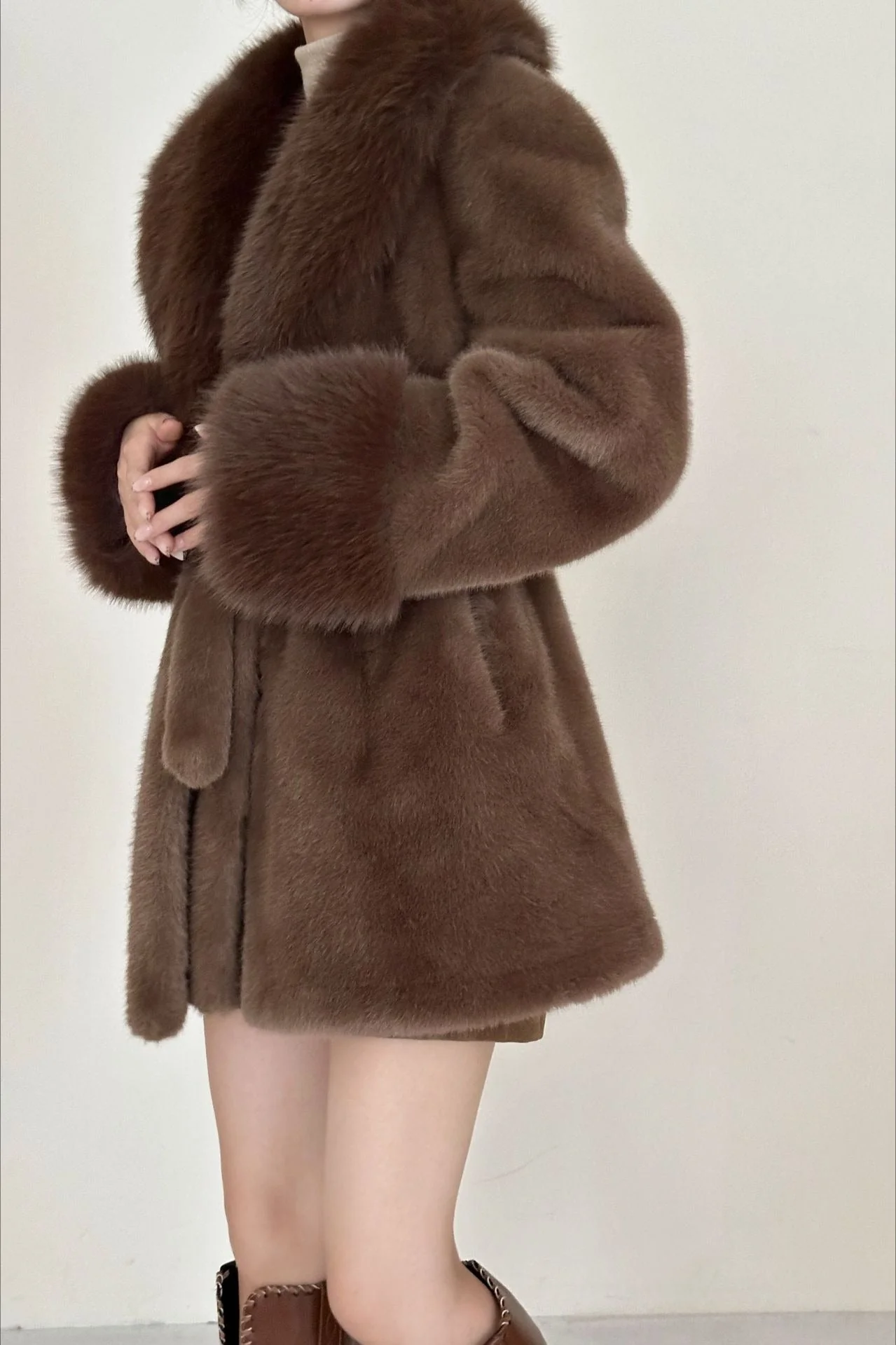 Faux Animal Fur Suede Mid-Length Notch Collar Tie Waist Coat - Image 5