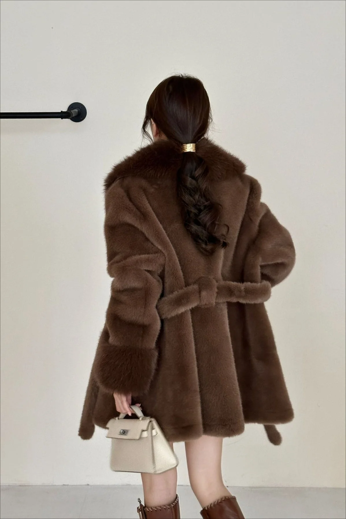 Faux Animal Fur Suede Mid-Length Notch Collar Tie Waist Coat - Image 6