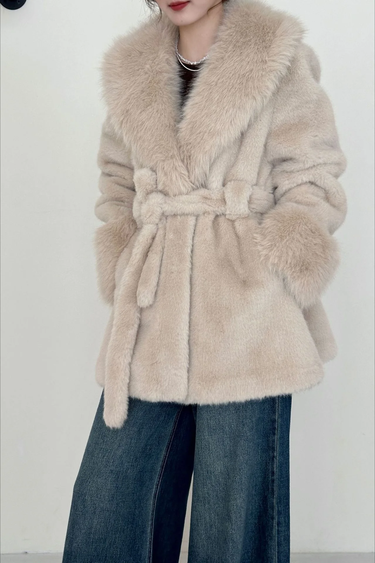Faux Animal Fur Suede Mid-Length Notch Collar Tie Waist Coat - Image 7