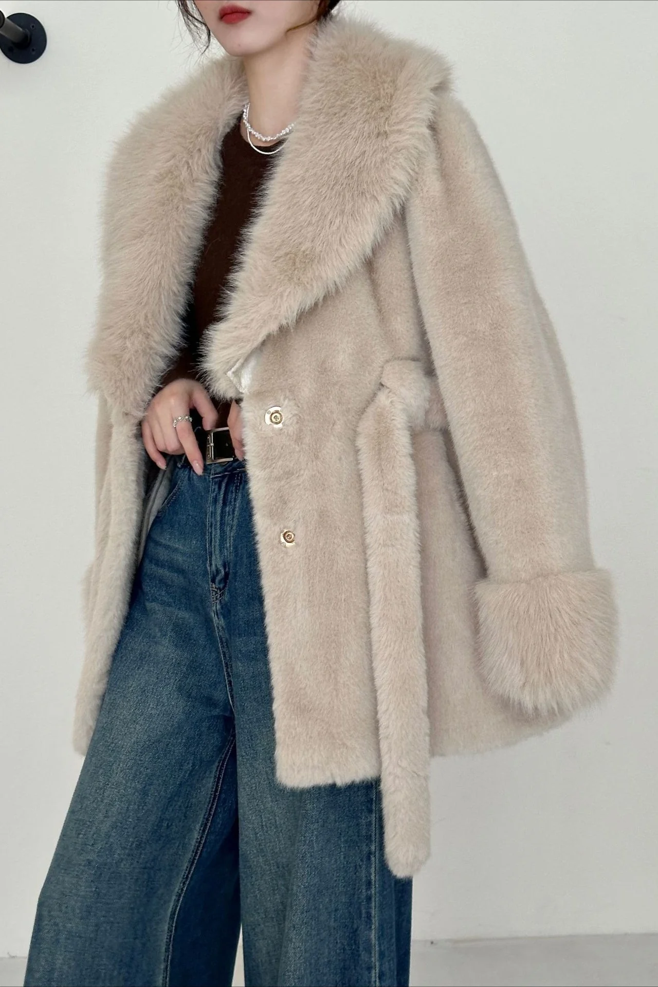 Faux Animal Fur Suede Mid-Length Notch Collar Tie Waist Coat - Image 8