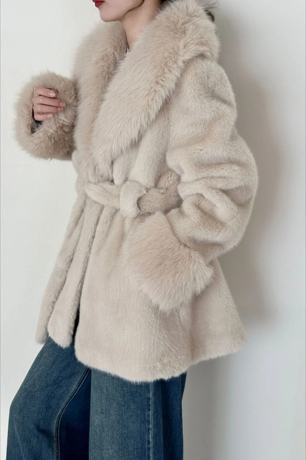 Faux Animal Fur Suede Mid-Length Notch Collar Tie Waist Coat - Image 9
