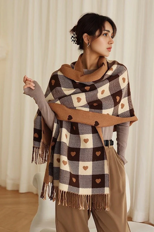Faux Cashmere Double-Sided Heart Plaid Fringed Scarf - Image 2