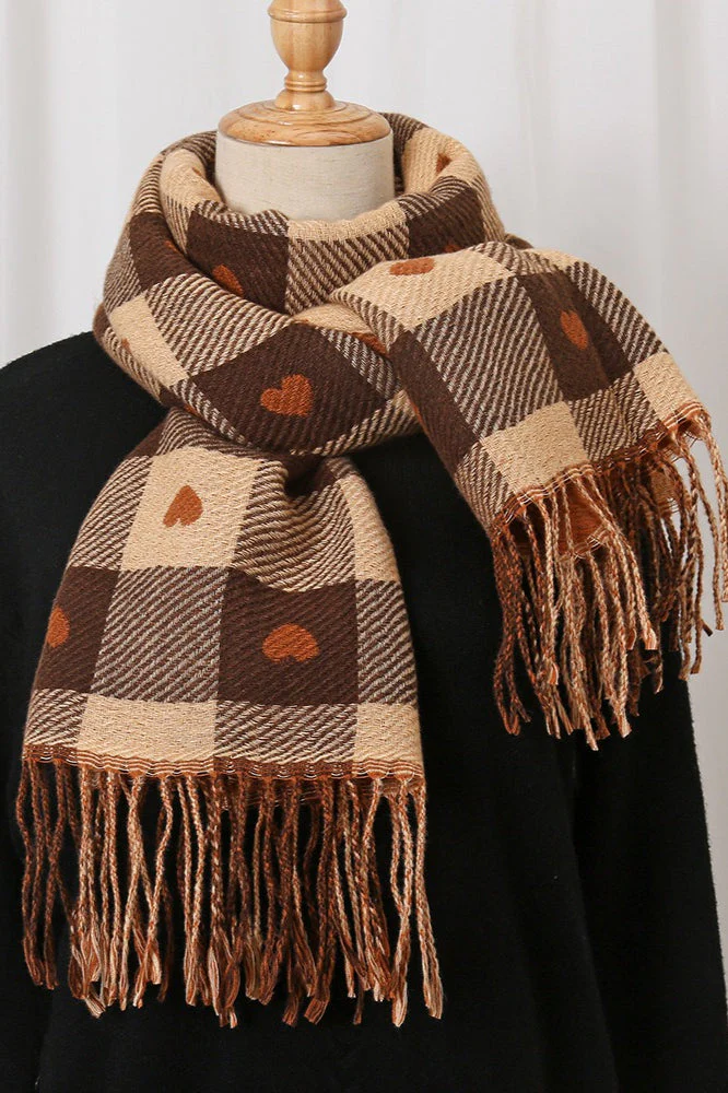 Faux Cashmere Double-Sided Heart Plaid Fringed Scarf - Image 3