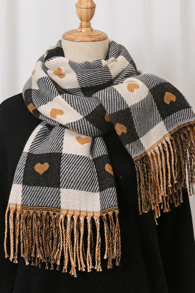 Faux Cashmere Double-Sided Heart Plaid Fringed Scarf - Image 4
