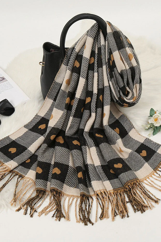 Faux Cashmere Double-Sided Heart Plaid Fringed Scarf - Image 5