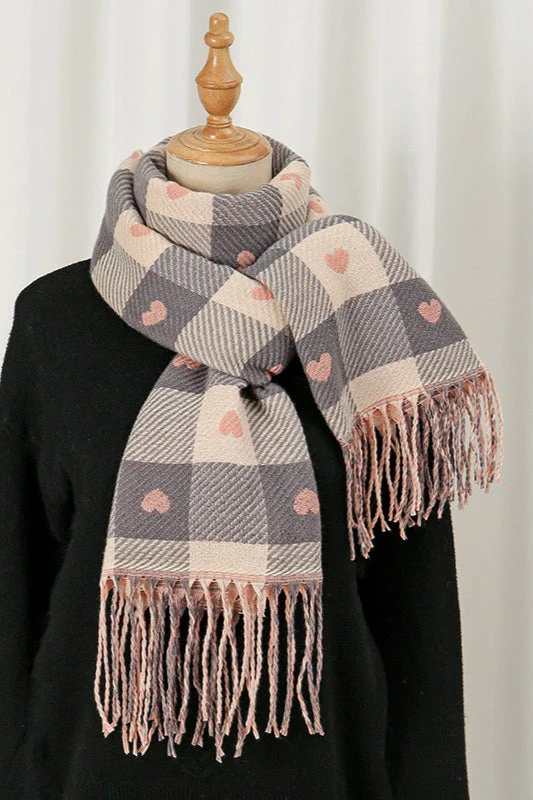 Faux Cashmere Double-Sided Heart Plaid Fringed Scarf - Image 6