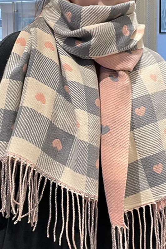 Faux Cashmere Double-Sided Heart Plaid Fringed Scarf - Image 7