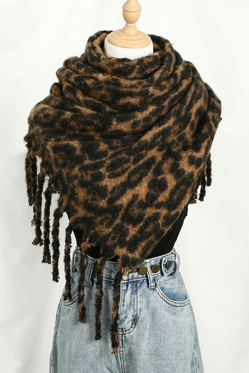 Faux Cashmere Leopard Print Thick Fringed Scarf - Image 5