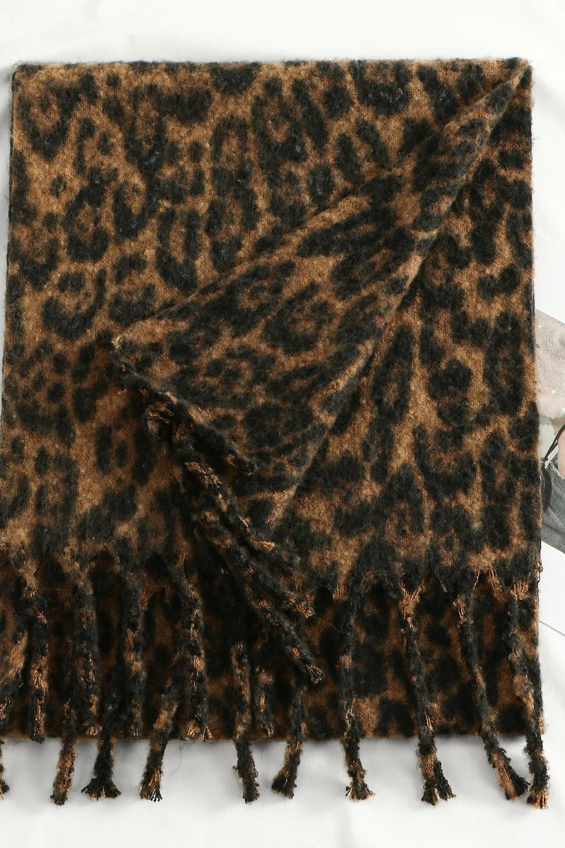 Faux Cashmere Leopard Print Thick Fringed Scarf - Image 6