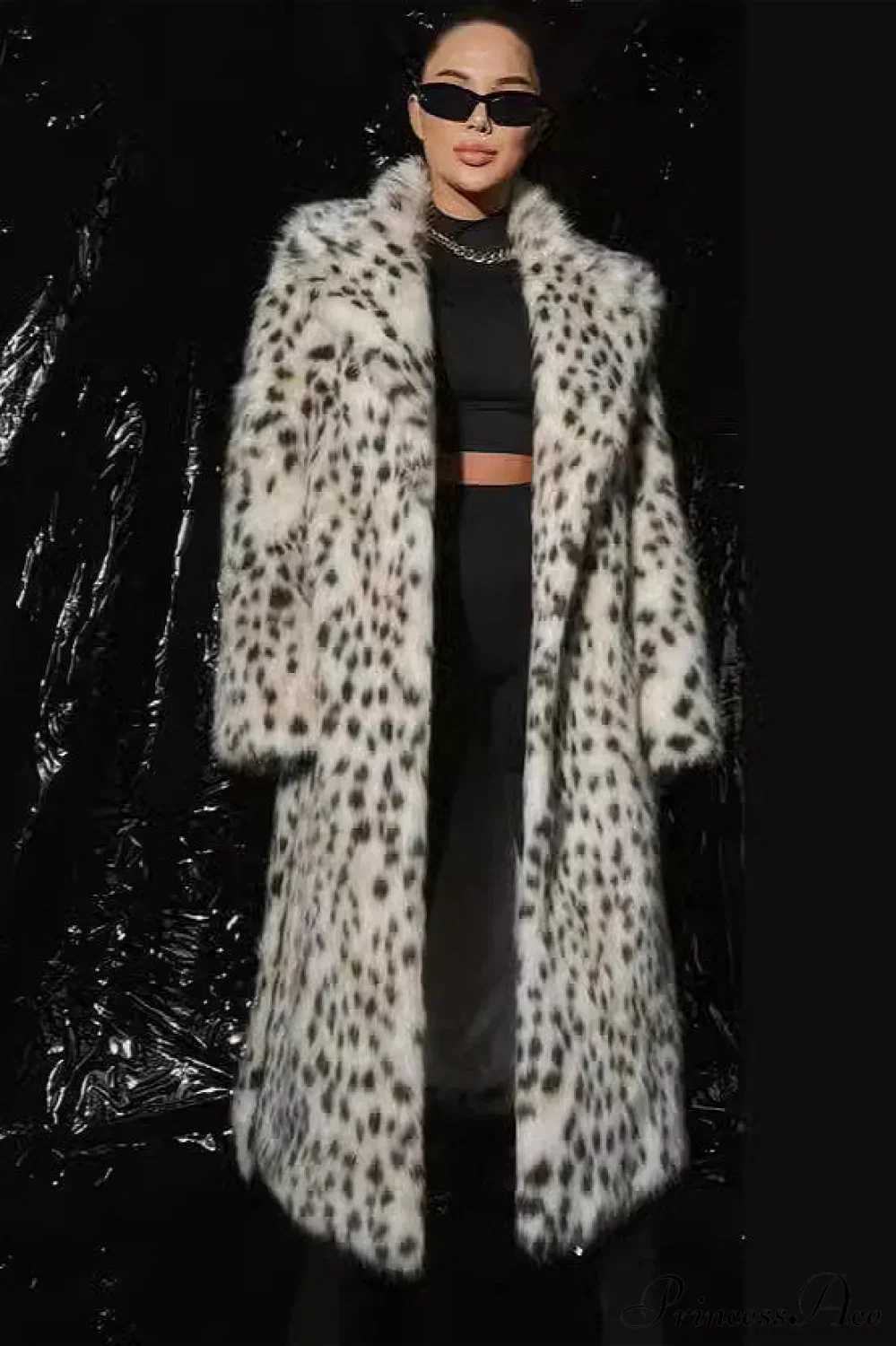 Faux Fox Fur Leopard Print Long Lapel Overcoat - Image 2