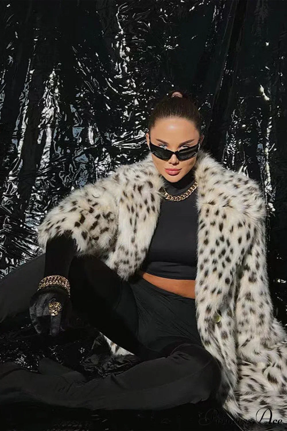Faux Fox Fur Leopard Print Long Lapel Overcoat - Image 3