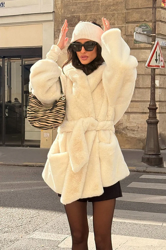 Faux Fur Belted Hooded Coat - Image 2