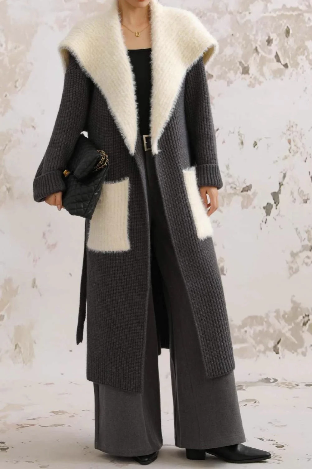 Faux Fur Collar Long Patchwork Loose Knit Overcoat - Image 11