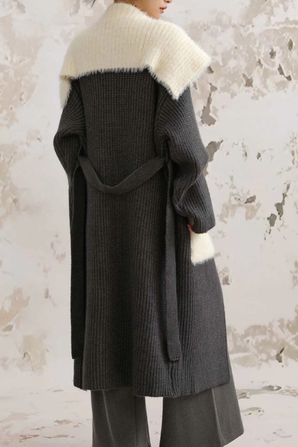 Faux Fur Collar Long Patchwork Loose Knit Overcoat - Image 12