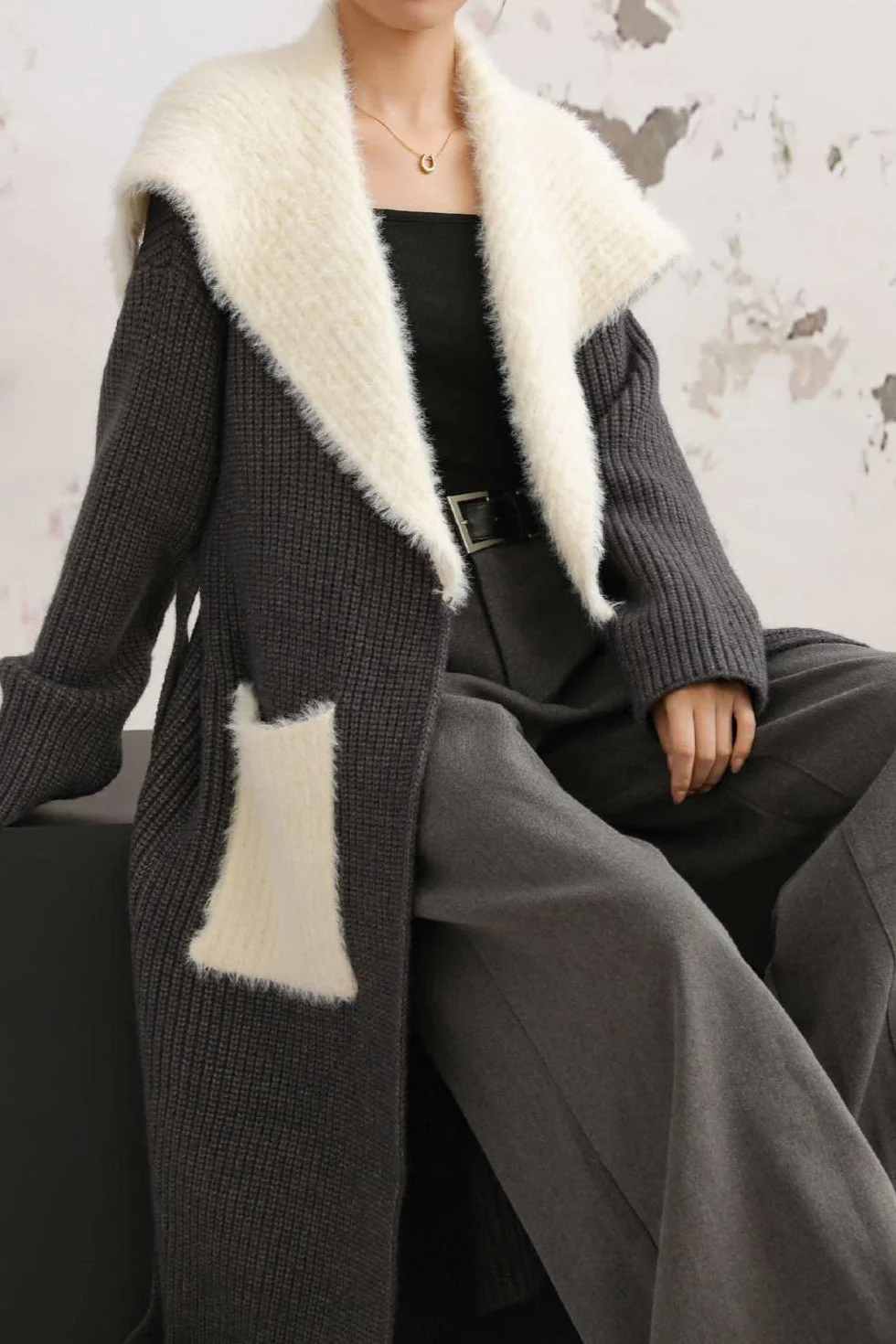 Faux Fur Collar Long Patchwork Loose Knit Overcoat - Image 13