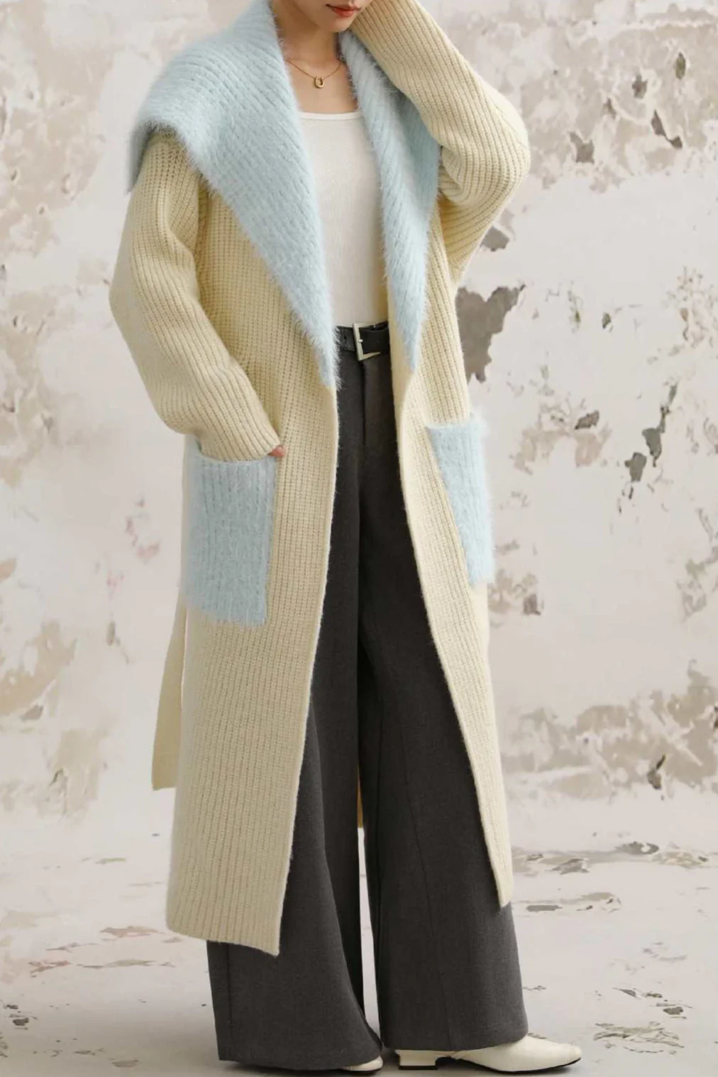 Faux Fur Collar Long Patchwork Loose Knit Overcoat - Image 2