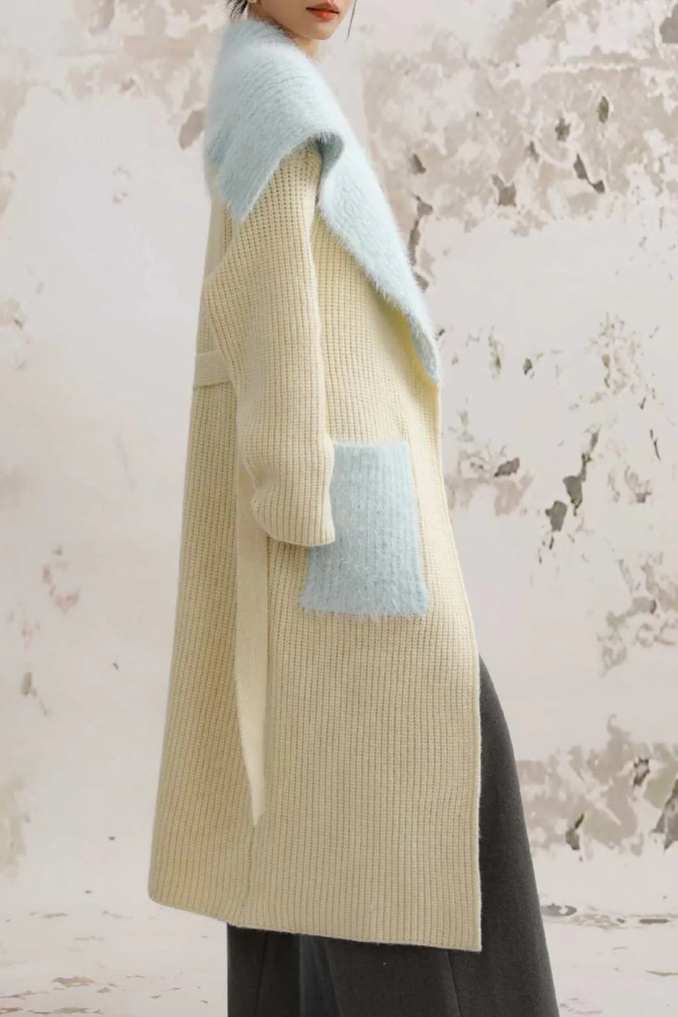 Faux Fur Collar Long Patchwork Loose Knit Overcoat - Image 3