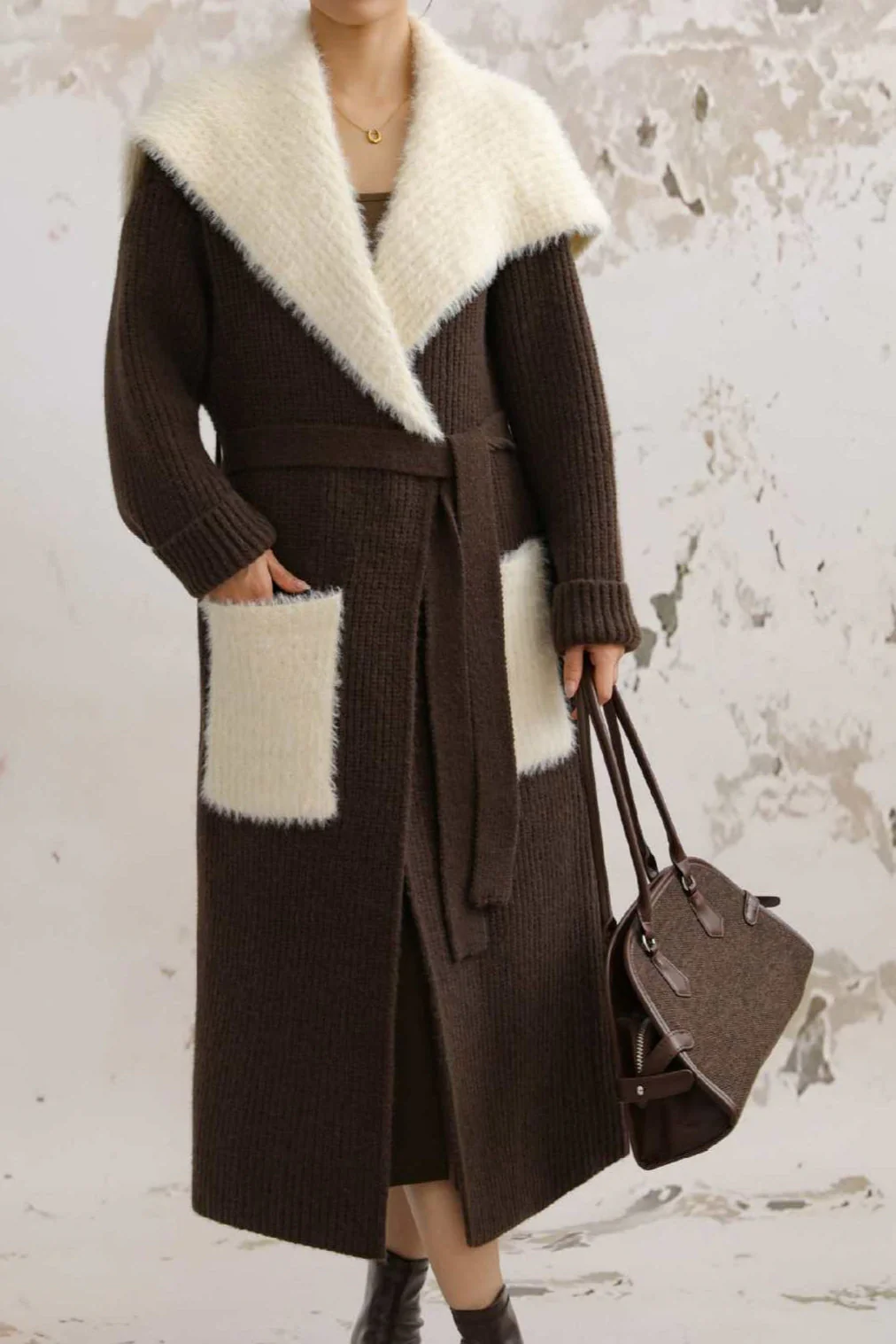Faux Fur Collar Long Patchwork Loose Knit Overcoat - Image 6