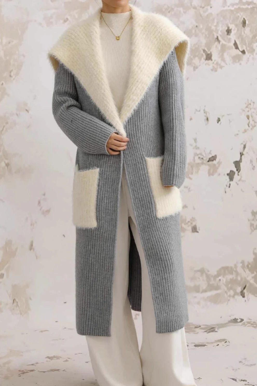 Faux Fur Collar Long Patchwork Loose Knit Overcoat - Image 8
