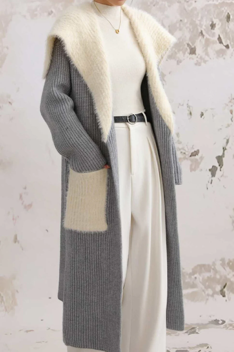 Faux Fur Collar Long Patchwork Loose Knit Overcoat - Image 9