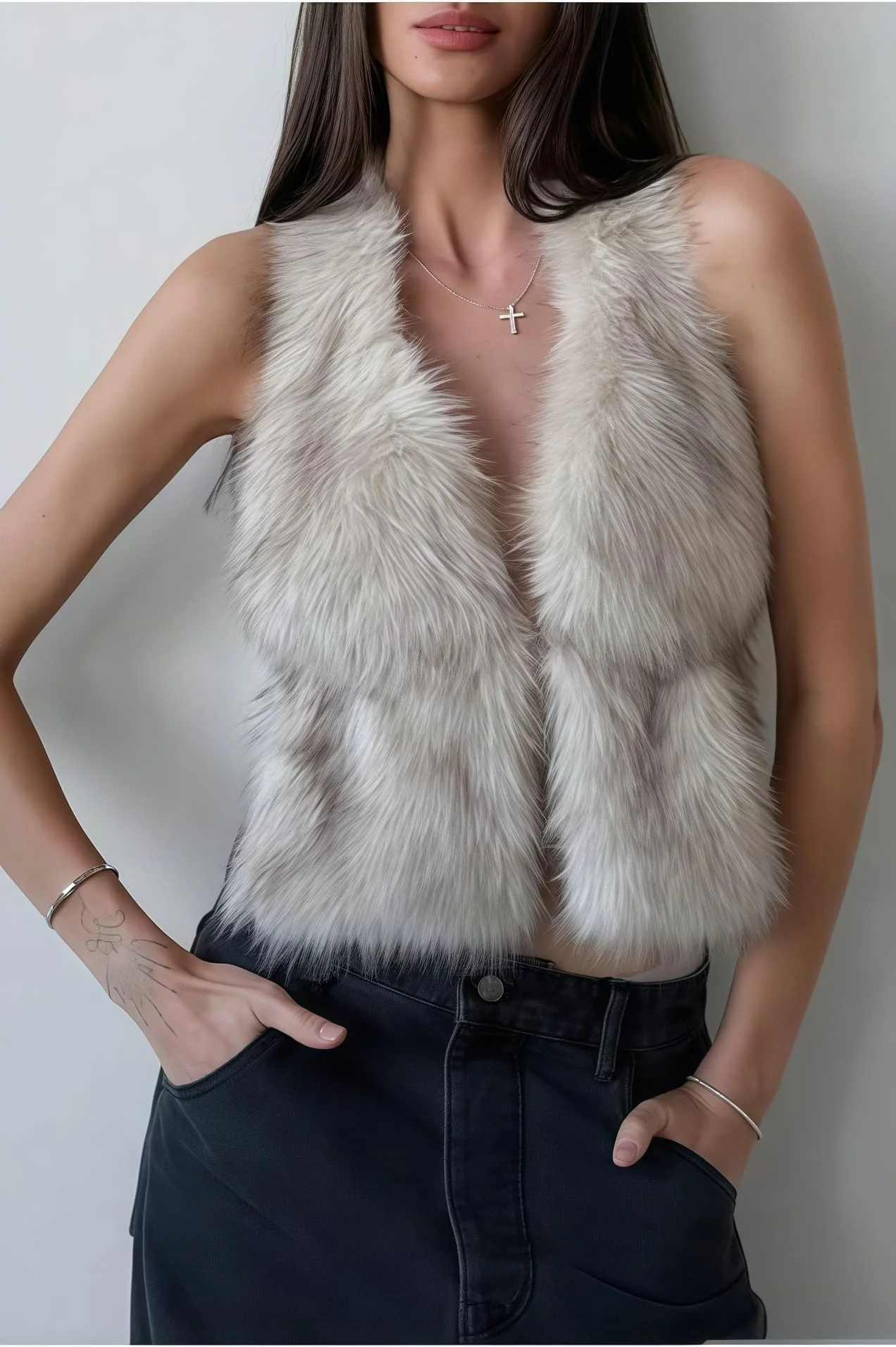 Faux Fur Fox Hair Zipper Sleeveless Vest - Image 3