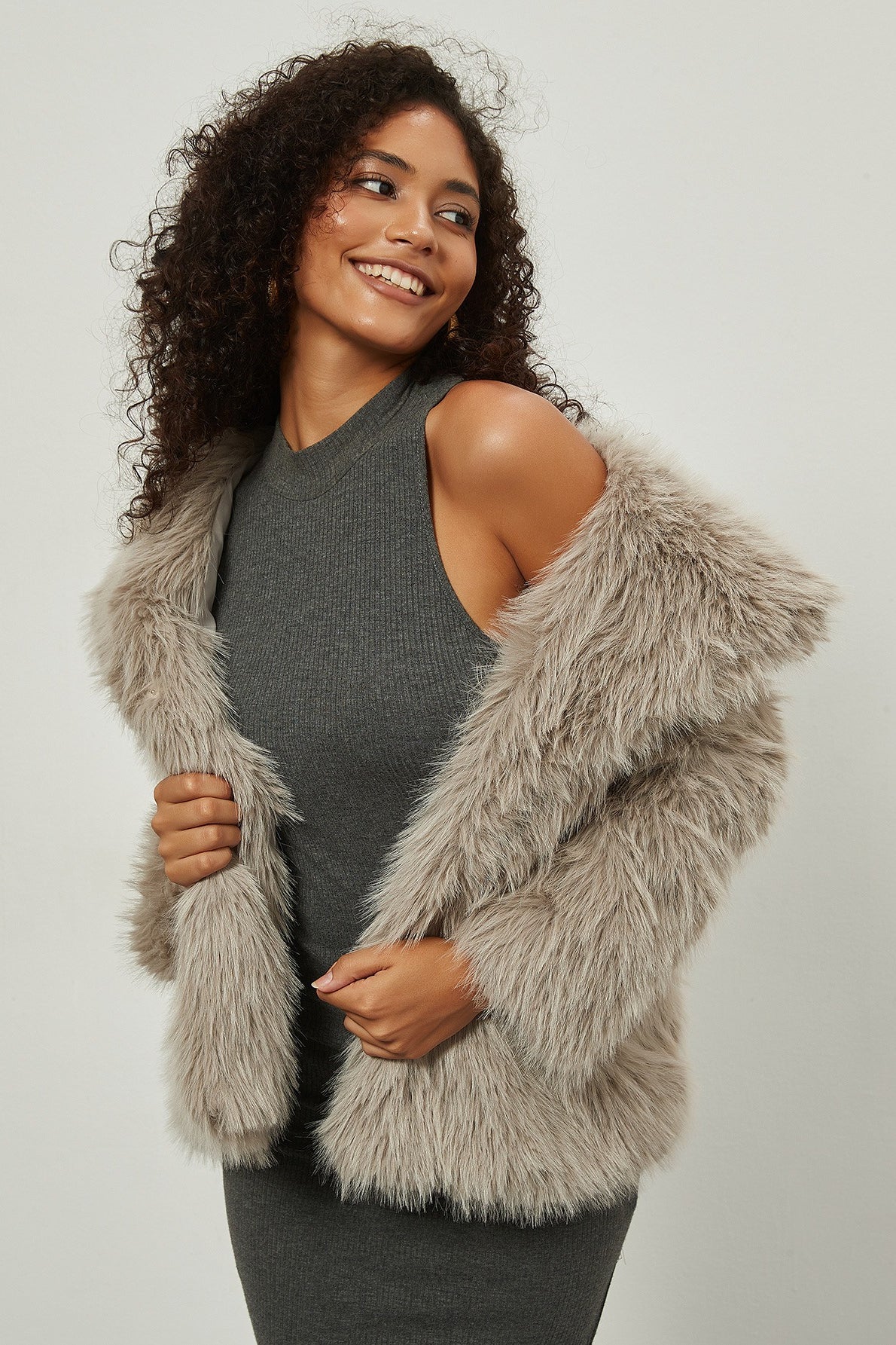 Faux Fur Notch Lapel Winter Coat - Image 3